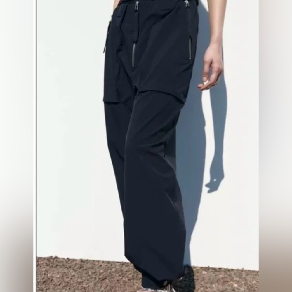 Zara Navy Blue Cargo Joggers with Zipper Details